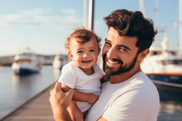 Foto di un padre e un figlio felici che posano all'aperto e nel copyspace