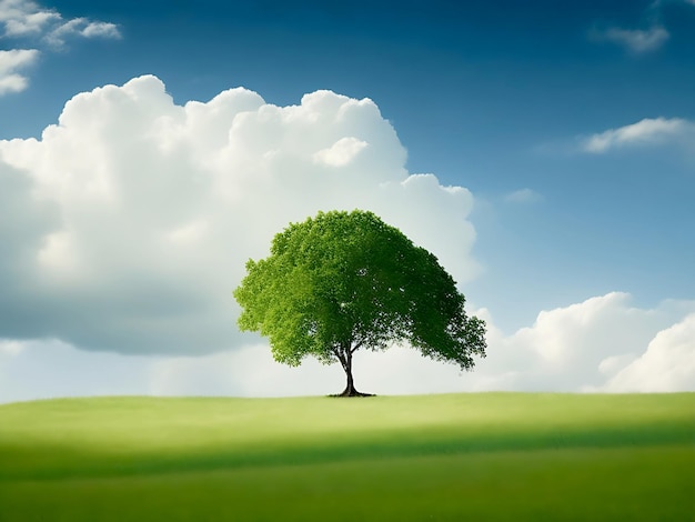 Foto di un paesaggio erboso con un albero che cresce sotto un cielo velato ai generato