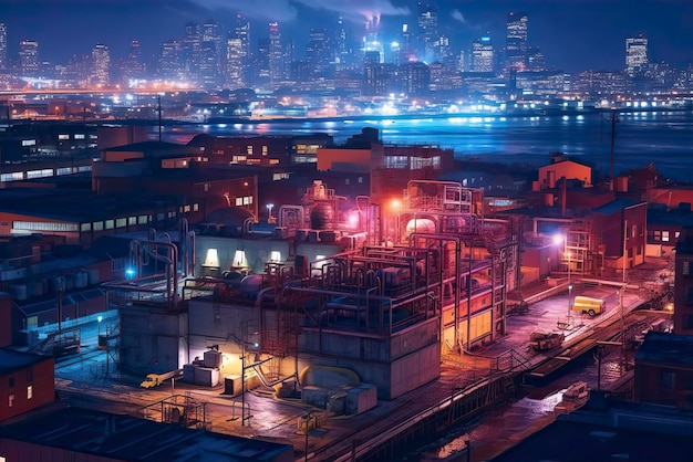 Foto di un paesaggio urbano industriale di notte illuminato dalla luce