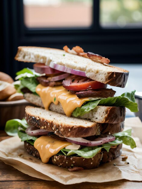 Foto di un panino con pane ai semi di pancetta e formaggio fuso