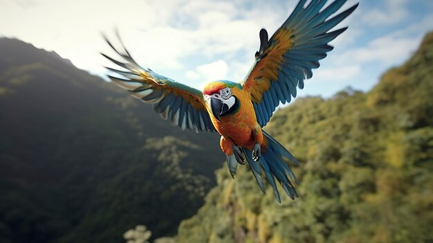 foto di un pappagallo determinato che perfeziona le manovre di volo con dedizione