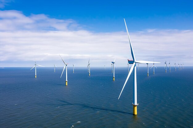 Foto di un parco eolico o di un parco eolico con turbine eoliche ad alta potenza per la generazione di elettricitàEnergia verde