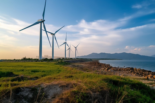 Foto di un parco eolico o di un parco eolico con turbine eoliche ad alta potenza per la generazione di elettricitàEnergia verde