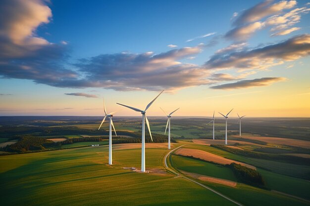 Foto di un parco eolico o di un parco eolico con turbine eoliche ad alta potenza per la generazione di elettricitàEnergia verde