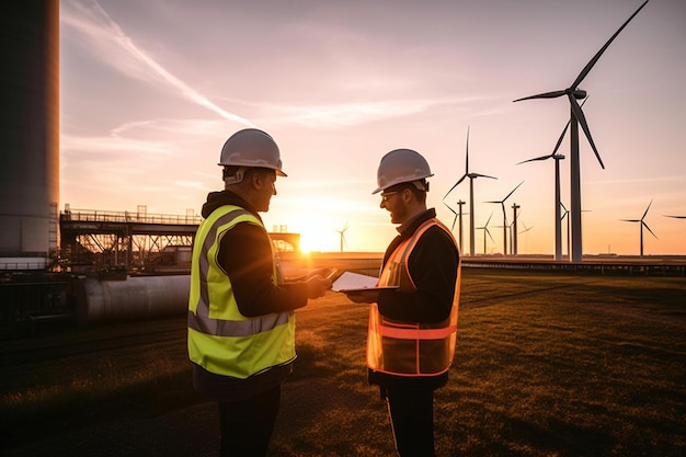 Foto di un parco eolico o di un parco eolico con turbine eoliche ad alta potenza per la generazione di elettricitàEnergia verde