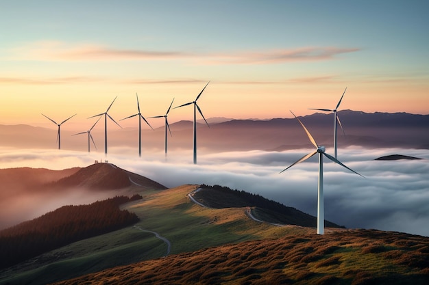 Foto di un parco eolico o di un parco eolico con turbine eoliche ad alta potenza per la generazione di elettricitàEnergia verde