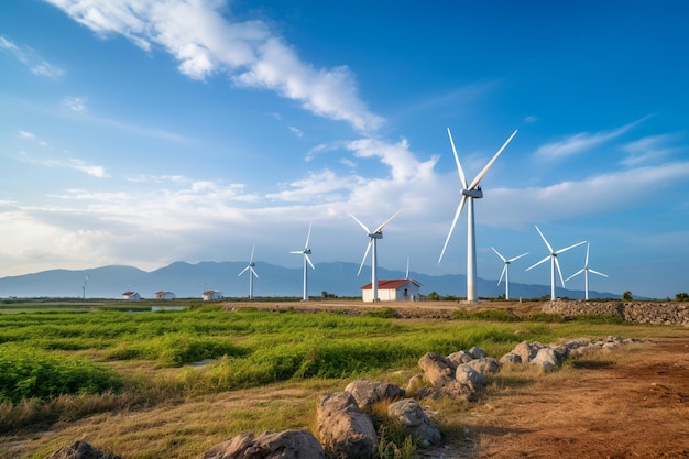 Foto di un parco eolico o di un parco eolico con turbine eoliche ad alta potenza per la generazione di elettricitàEnergia verde