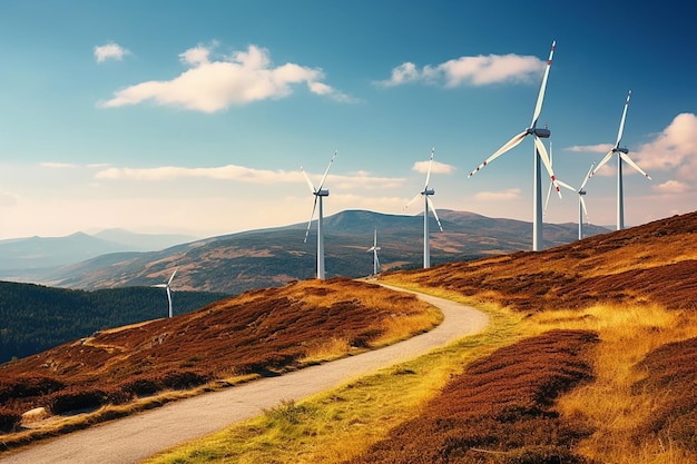 Foto di un parco eolico o di un parco eolico con turbine eoliche ad alta potenza per la generazione di elettricitàEnergia verde