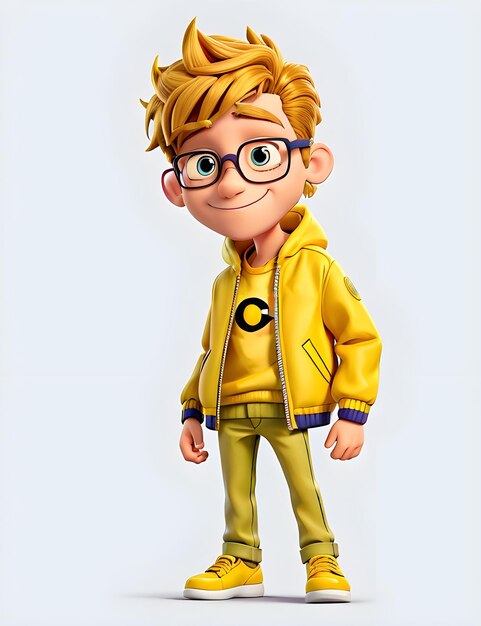 Foto di un personaggio dei cartoni animati con una giacca gialla e occhiali da sole