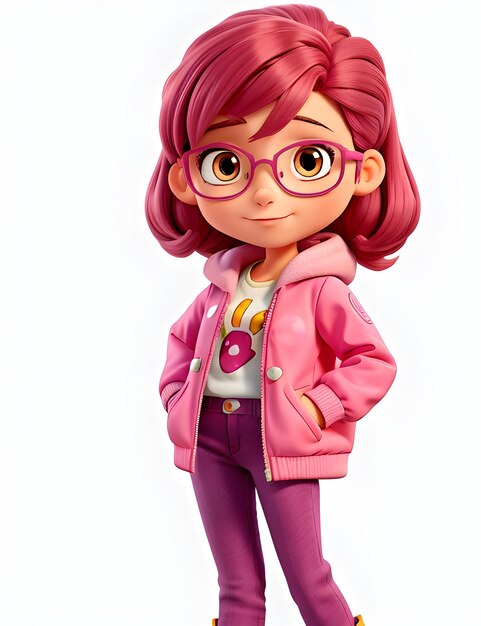 Foto di un personaggio di cartone animato con una giacca rosa e occhiali