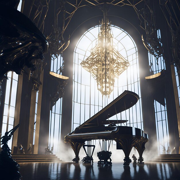 Foto di un pianoforte a coda in una grande stanza con un bellissimo lampadario