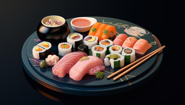 Foto di Un piatto di sushi con una varietà di sapori diversi