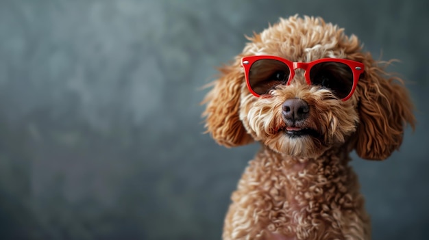 foto di un piccolo labradoodle carino e felice che indossa occhiali da sole rossi su uno sfondo grigio nello stile del concetto di spazio di copia ar 169 stylize 250 Job ID f592fe33f50b4b92b3d7e7f9eaab04f5