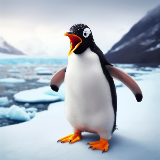 Foto di un pinguino reale scioccato sulla natura sullo sfondo della terra di ghiaccio ai generativo