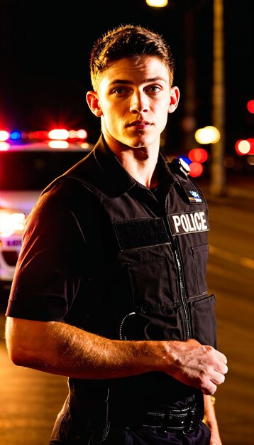 foto di un poliziotto adolescente adulto di nuova generazione in piedi davanti a un'auto della polizia di notte con la luce posteriore generativa AI
