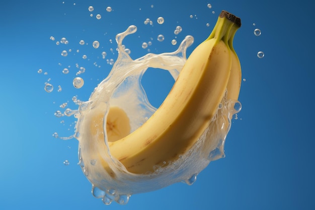 Foto di un primo piano di una banana matura sommersa in una pozza di latte