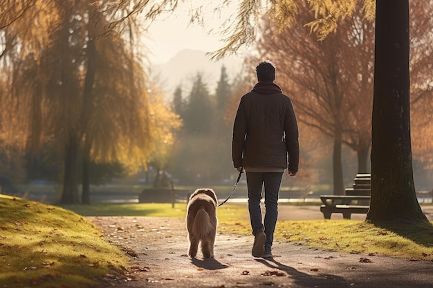 Foto di un proprietario di un animale domestico che si diverte a fare una passeggiata con il suo cane in un bellissimo parco