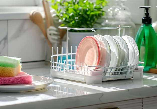 Foto di un rack per piatti con piatti bianchi e colorati puliti per pranzo o cena e piatti da lavaggio