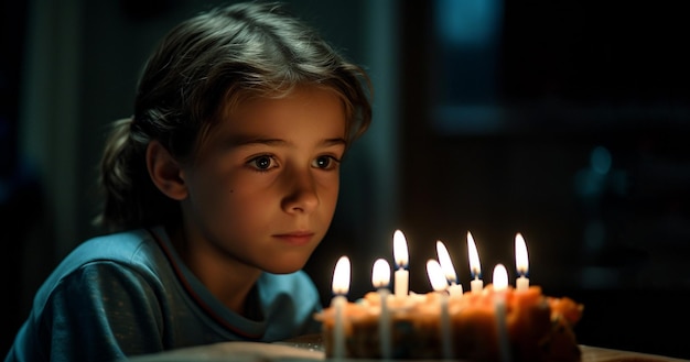 Foto di un ragazzo di compleanno triste seduto vicino alla torta con candele accese da solo bambino triste da solo al compleanno