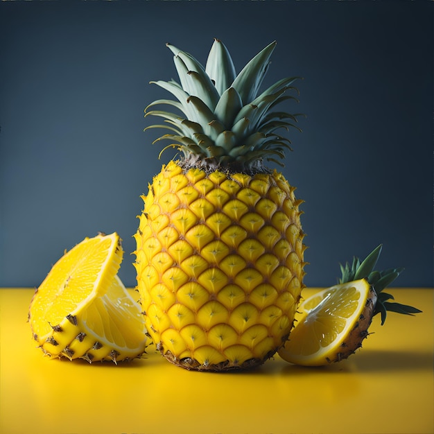 Foto di un rinfrescante piatto di frutta estiva con fette di ananas e limone