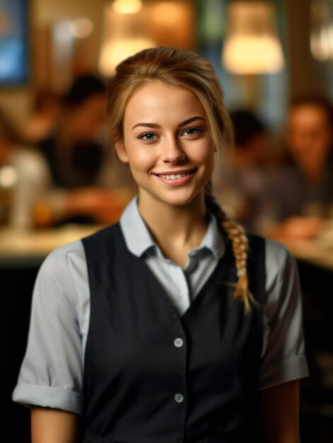 foto di un ristorante con la cameriera in focus che sorride generata dall'AI