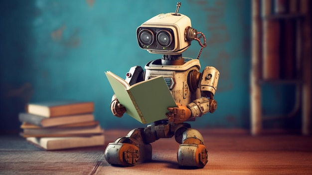 foto di un robot che legge un libro