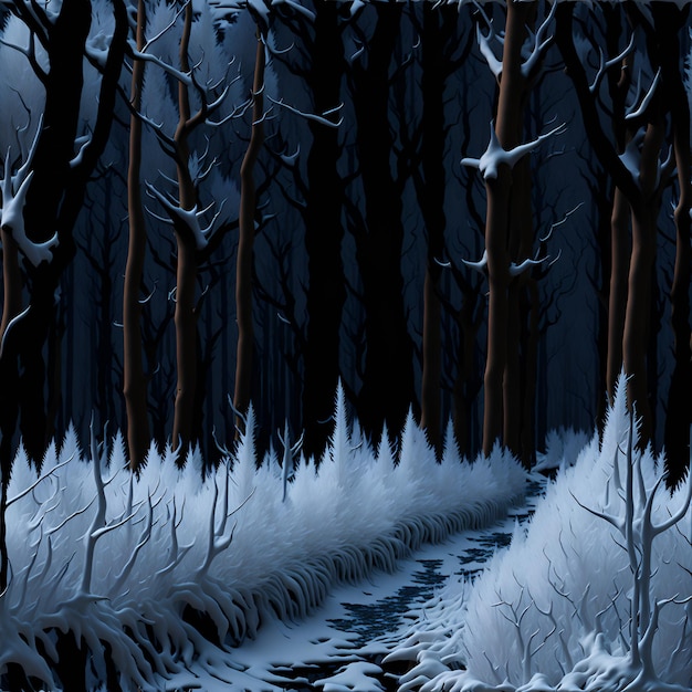 Foto di un sereno paesaggio invernale con un ruscello che scorre in un bosco innevato