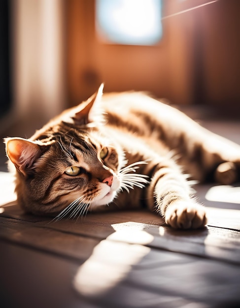 Foto di un simpatico gatto che prende il sole sul pavimento di una casa