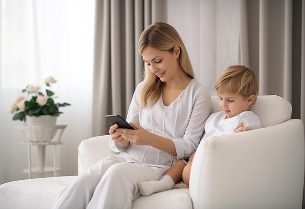 Foto di un simpatico scatto di un bambino e una madre insieme che si scattano un selfie e usano il cellulare con il bambino