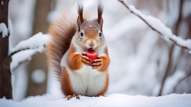 Foto di un simpatico scoiattolo rosso che mangia una noce in inverno