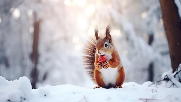 Foto di un simpatico scoiattolo rosso che mangia una noce in inverno