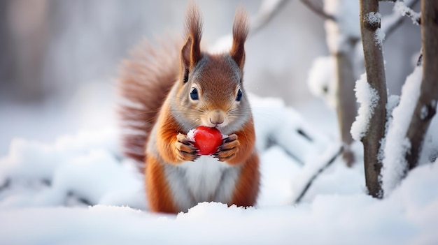 Foto di un simpatico scoiattolo rosso che mangia una noce in inverno