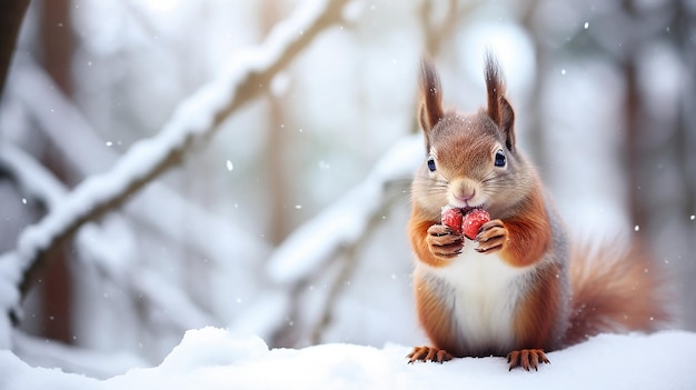 Foto di un simpatico scoiattolo rosso che mangia una noce in inverno