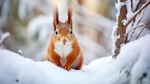 Foto di un simpatico scoiattolo rosso che mangia una noce in inverno