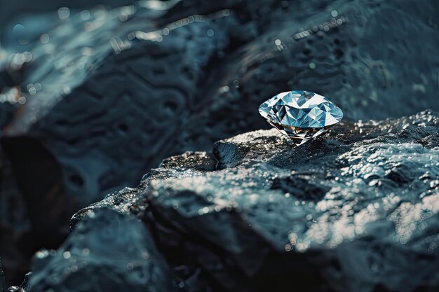 Foto di un singolo diamante tagliato su un pezzo di carbone su uno sfondo semplice