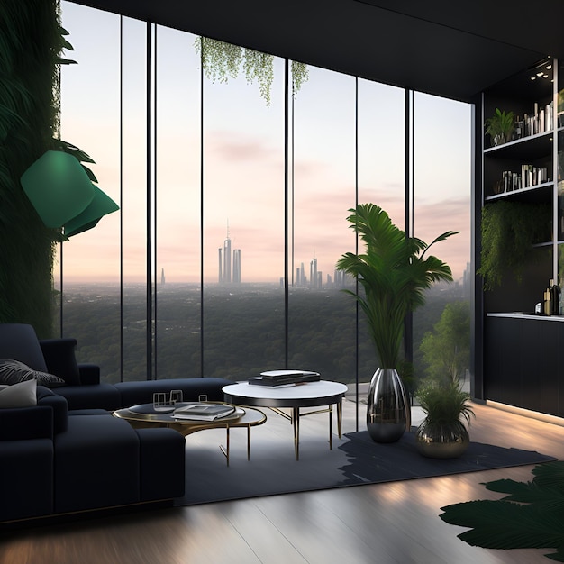 Foto di un soggiorno accogliente e spazioso con luce naturale che entra attraverso una grande finestra AI