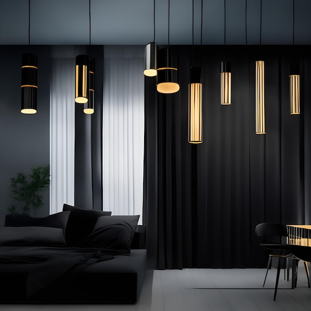 Foto di un soggiorno moderno con mobili neri eleganti e luci appese contemporanee