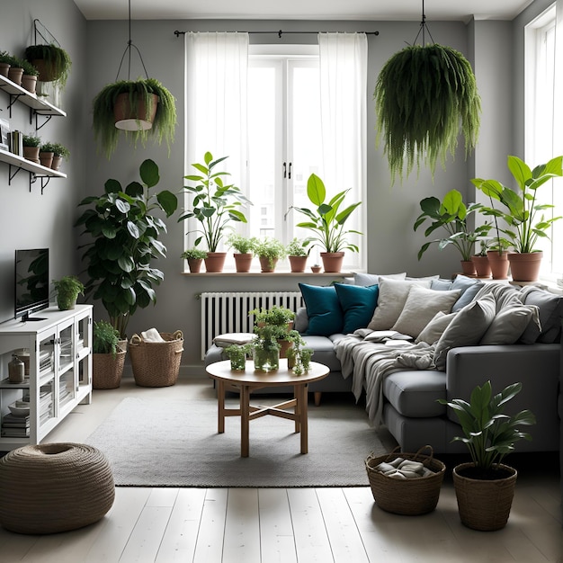 Foto di un soggiorno verde lussureggiante con abbondanti piante in vaso AI