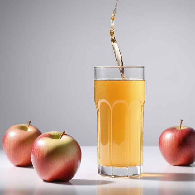 Foto di un succo di mela con pezzi di mela isolati su uno sfondo liscio