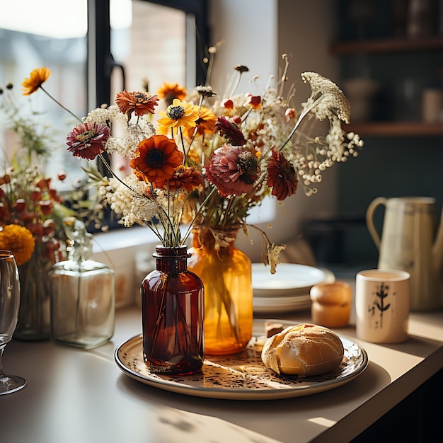 Foto di un tavolo da cucina decorato in autunno