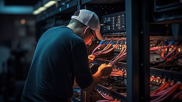 Foto di un tecnico che installa i cavi di rete