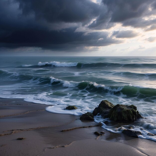 Foto di un tramonto pacifico sulla spiaggia Oceano sul litorale con nuvole di sabbia drammatica sulla riva