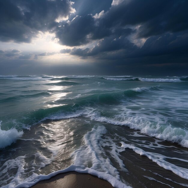 Foto di un tramonto pacifico sulla spiaggia Oceano sul litorale con nuvole di sabbia drammatica sulla riva