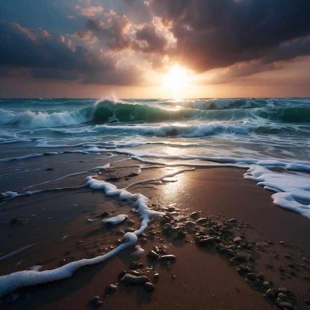 Foto di un tramonto pacifico sulla spiaggia Oceano sul litorale con nuvole di sabbia drammatica sulla riva