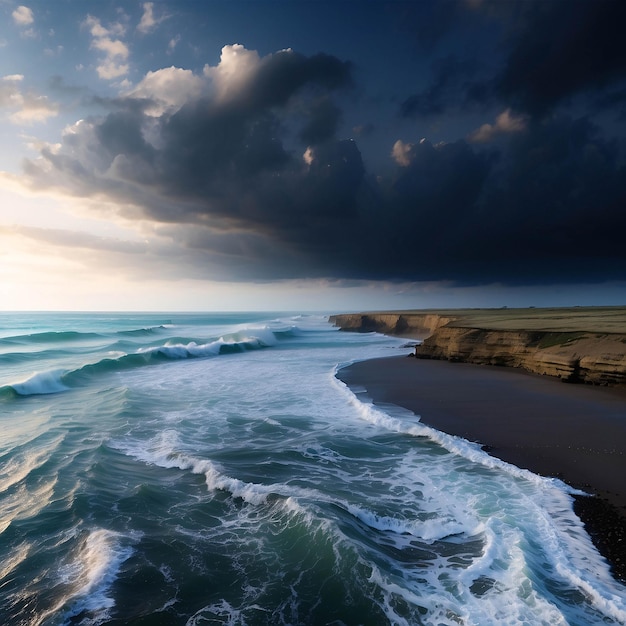 Foto di un tramonto pacifico sulla spiaggia Oceano sul litorale con nuvole di sabbia drammatica sulla riva