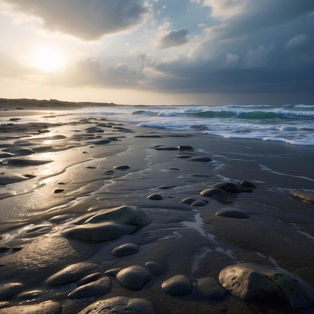 Foto di un tramonto pacifico sulla spiaggia Oceano sul litorale con nuvole di sabbia drammatica sulla riva