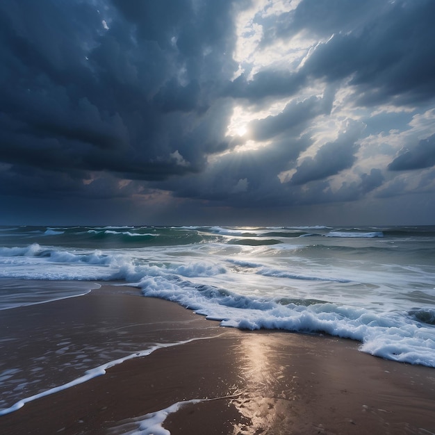 Foto di un tramonto pacifico sulla spiaggia Oceano sul litorale con nuvole di sabbia drammatica sulla riva