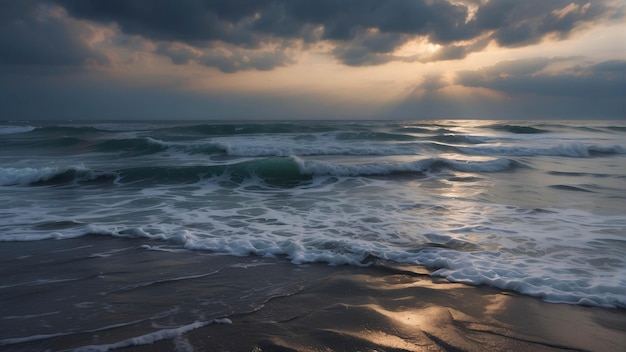 Foto di un tramonto pacifico sulla spiaggia Oceano sul litorale con nuvole di sabbia drammatica sulla riva