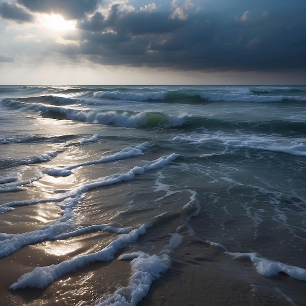 Foto di un tramonto pacifico sulla spiaggia Oceano sul litorale con nuvole di sabbia drammatica sulla riva