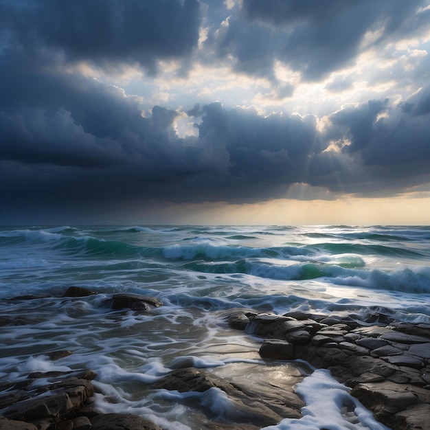 Foto di un tramonto pacifico sulla spiaggia Oceano sul litorale con nuvole di sabbia drammatica sulla riva